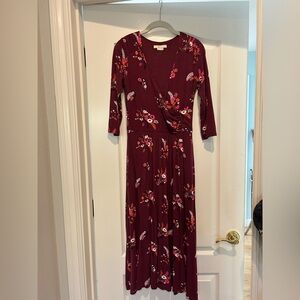Boden Burgundy Floral Jersey Long Sleeve Wrap Style Dress